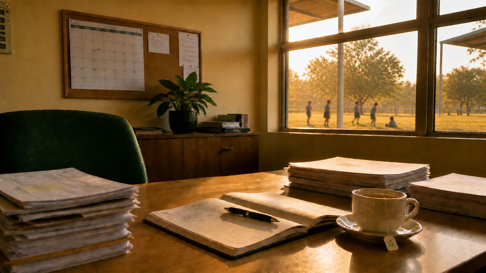 An empty principal's office at golden hour. A wooden desk in the foreground holds stacks of paperwork, an open day planner with a pen lying across it, and a teacup. Through the window, school children are silhouetted playing on the field outside.