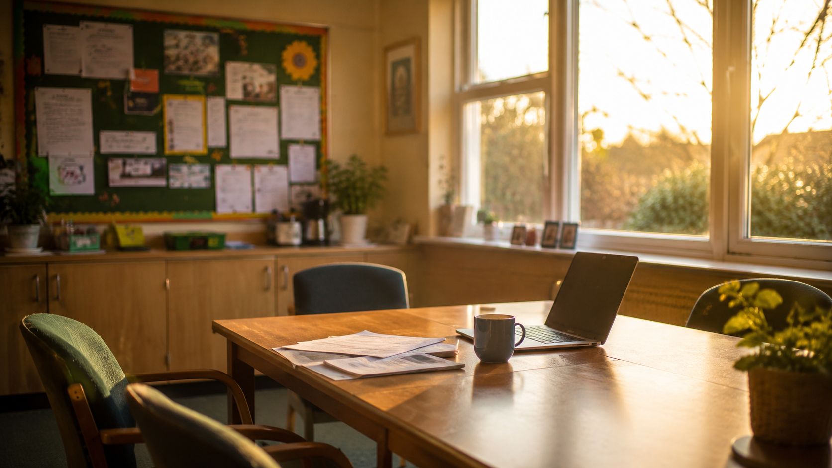 A school staffroom at golden hour, with a table set for a meeting - printed documents, an open laptop, and a mug of tea. Chairs are pulled out around the table. A green noticeboard covered in papers lines the wall, and trees are visible through sunlit windows.